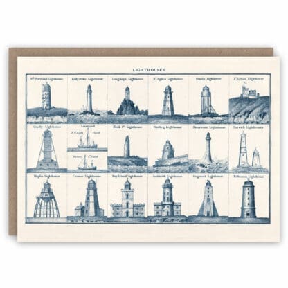 Greeting card illustrating famous lighthouses