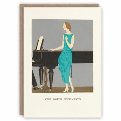 Musical greeting card illustrating a woman at a piano singing